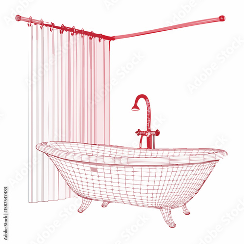 Detailed 3D sketch of a bathtub with a partially closed shower curtain, rendered cleanly in line.
