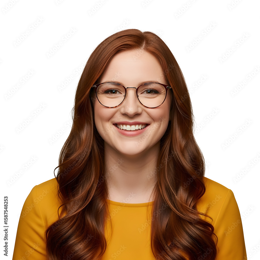 Obraz premium Smiling redhead woman wearing glasses against a dark, transparent background