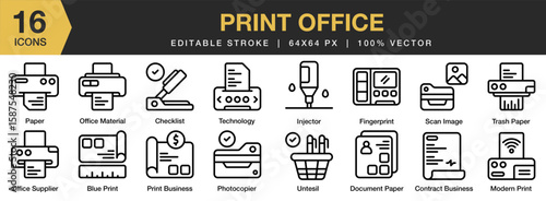 Print Office icon set. Editable Stroke Icon Collection. Includes print, office, business, paper, printer, and More. Outline icons vector collection.