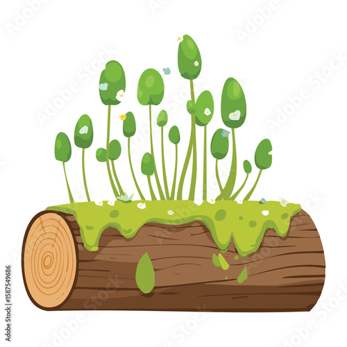 Log Section with Green Sprouting Plants