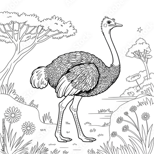 A black and white ostrich illustration line art of a coloring page