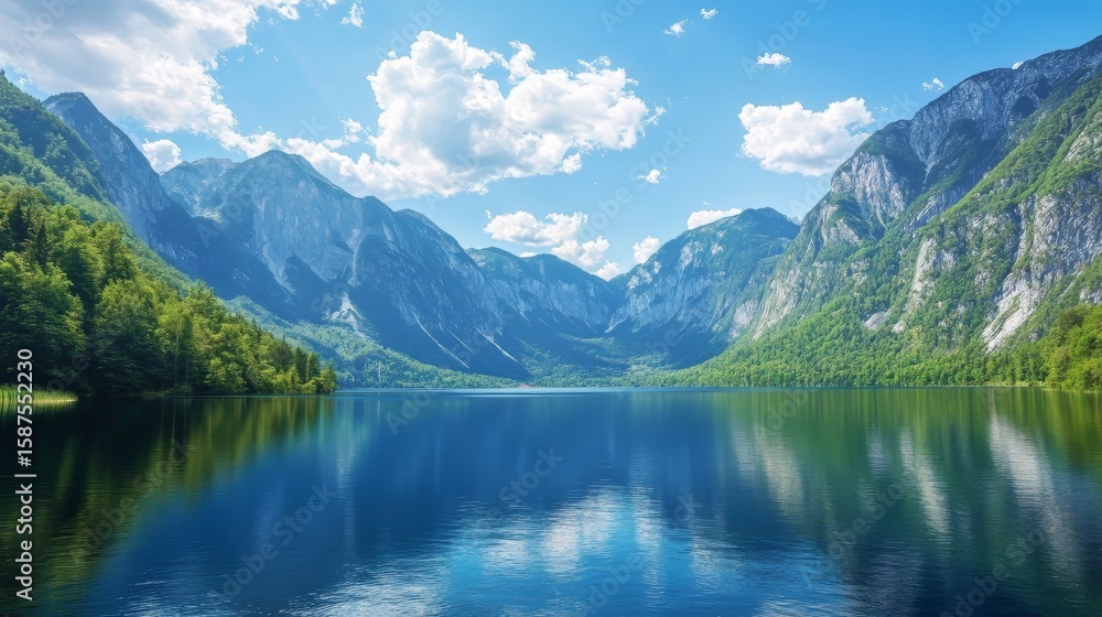 Fototapeta premium A tranquil lake with surrounding mountains under a bright blue sky
