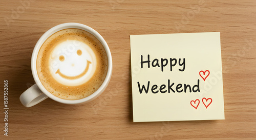 Cup of smile coffee with a note Happy Weekend