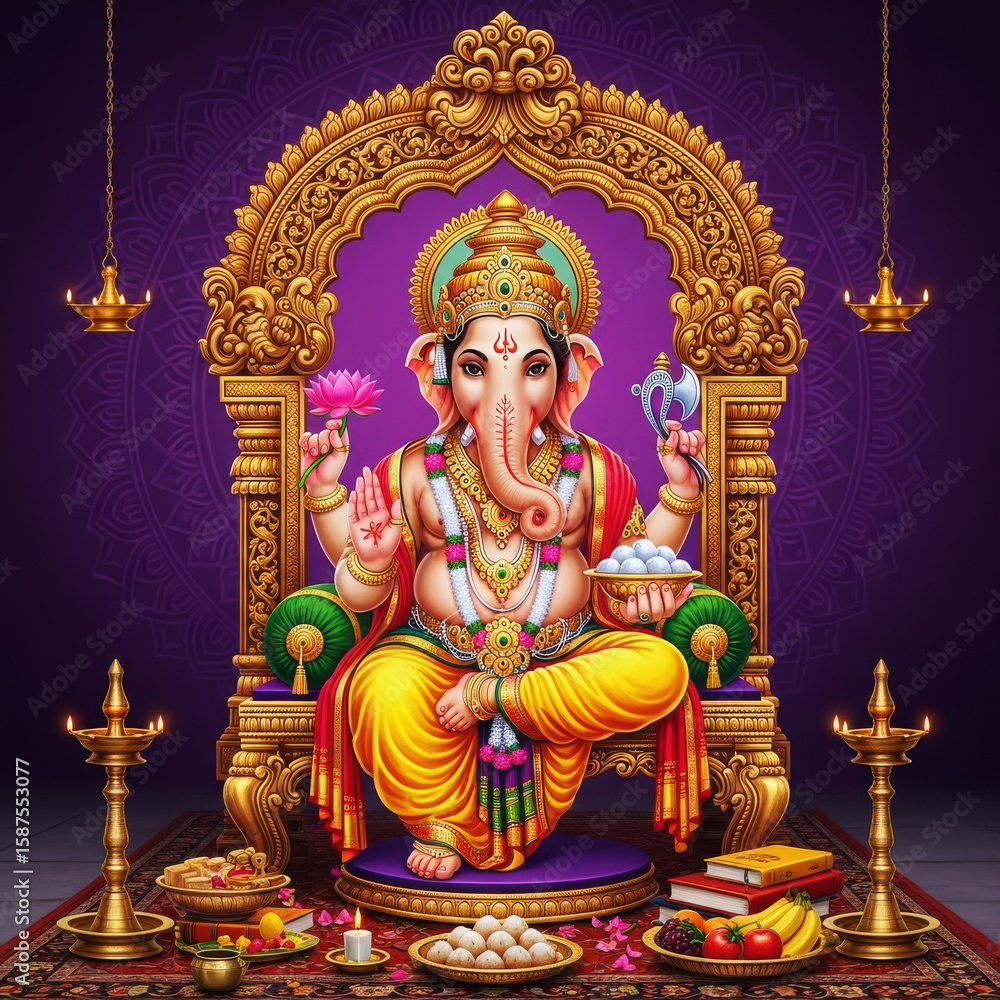 Obraz premium Ganesha seated on ornate throne holding lotus and axe