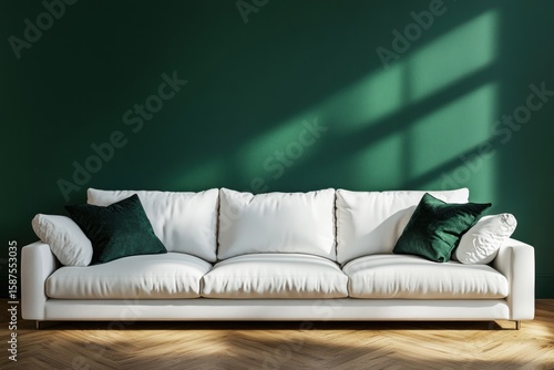Luxurious white sofa on wood floor with dark green background, interior design 3D render