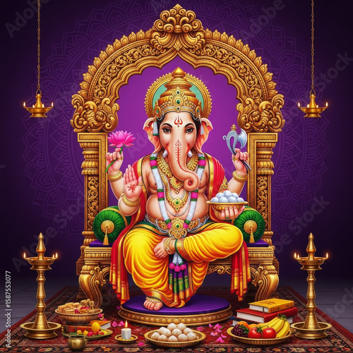 Ganesha seated on ornate throne holding lotus and axe