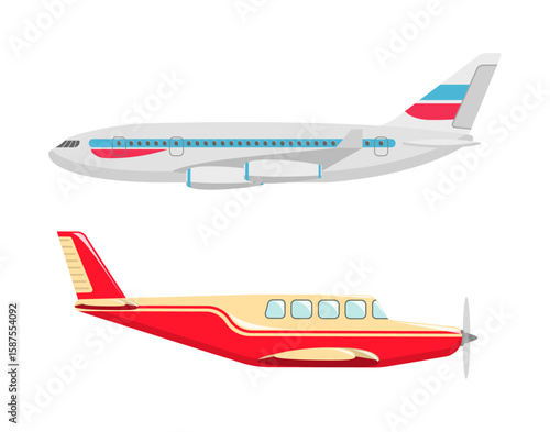 Aviation Duo: Two aircraft illustrations, one passenger plane and another private jet, presented side by side in a bright, clear style. Ideal for aviation and travel related projects.