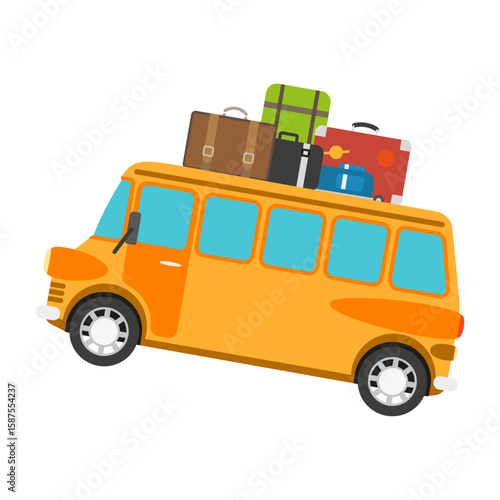Road Trip Ready: An illustration of a yellow bus, fully packed with travel luggage, ready for an exciting road trip adventure, capturing the essence of exploration and journey.