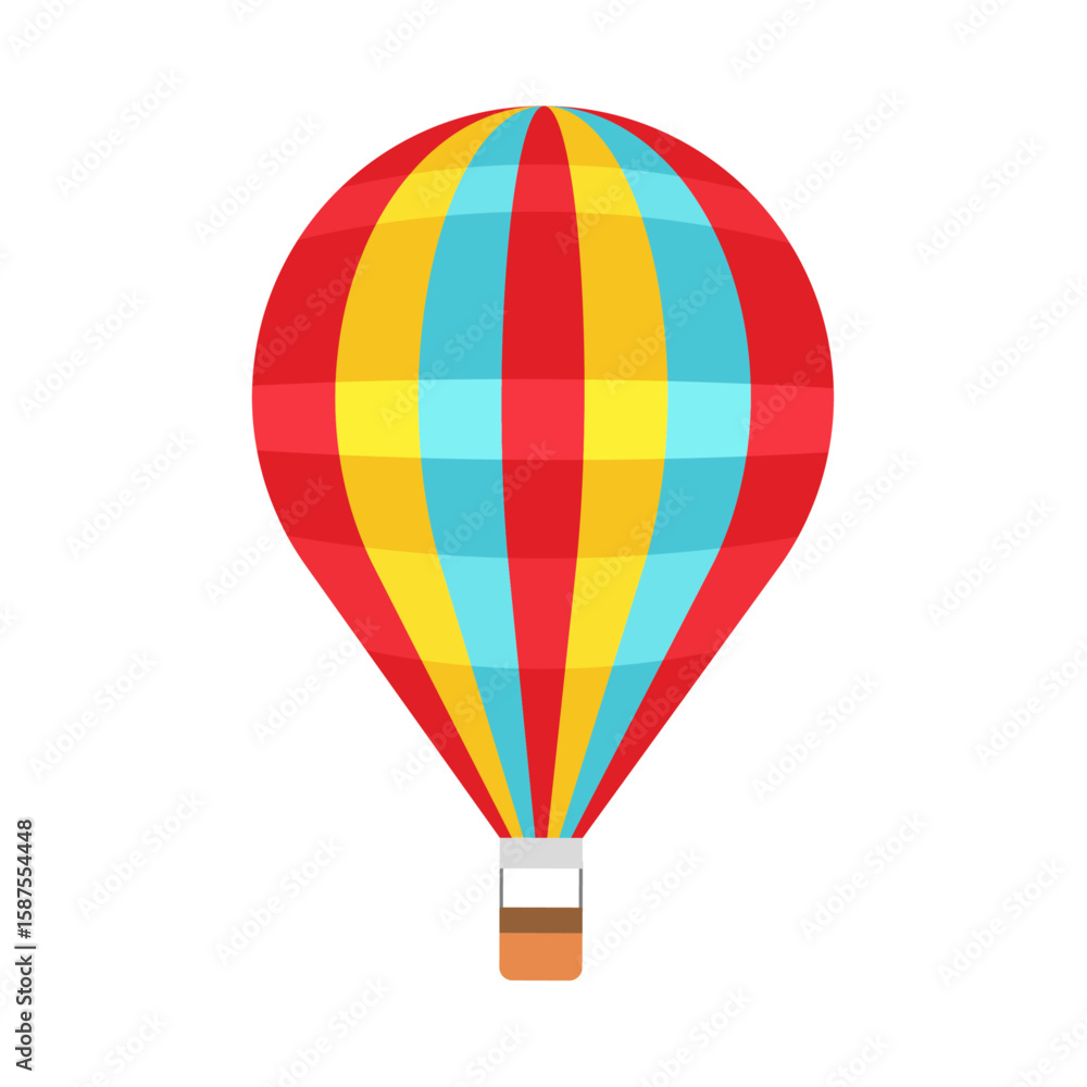Naklejka premium Colorful hot air balloon: A vibrant hot air balloon, with striped patterns, floats gracefully, evoking a sense of adventure and the thrill of travel.