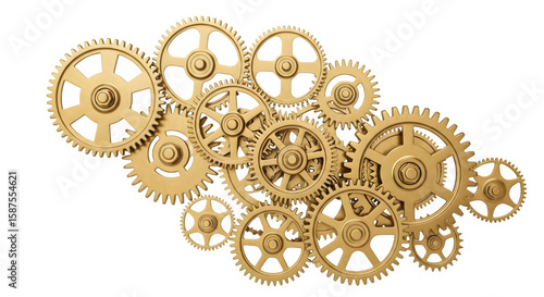 Golden gears interlock in a conceptual representation of mechanisms, teamwork, and engineering, set against a stark transparent background, creating a striking contrast.