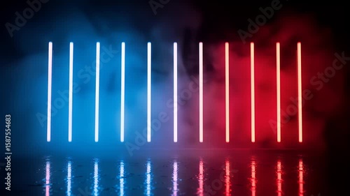Neon light installation with red and blue hues on a wet floor
