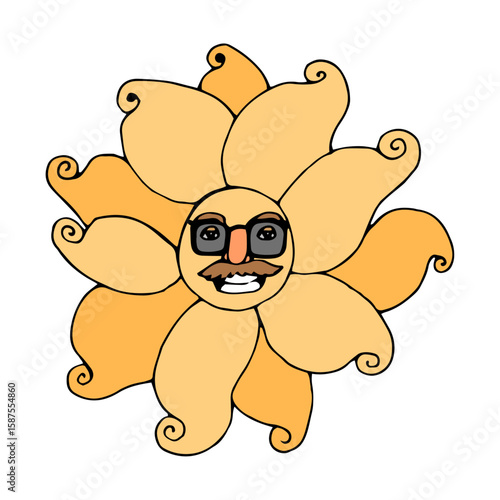Sunshine Serenade: A jovial sunflower, personified with glasses and a mustache, beams with a friendly smile against a clean backdrop, symbolizing joy and cheerfulness.
