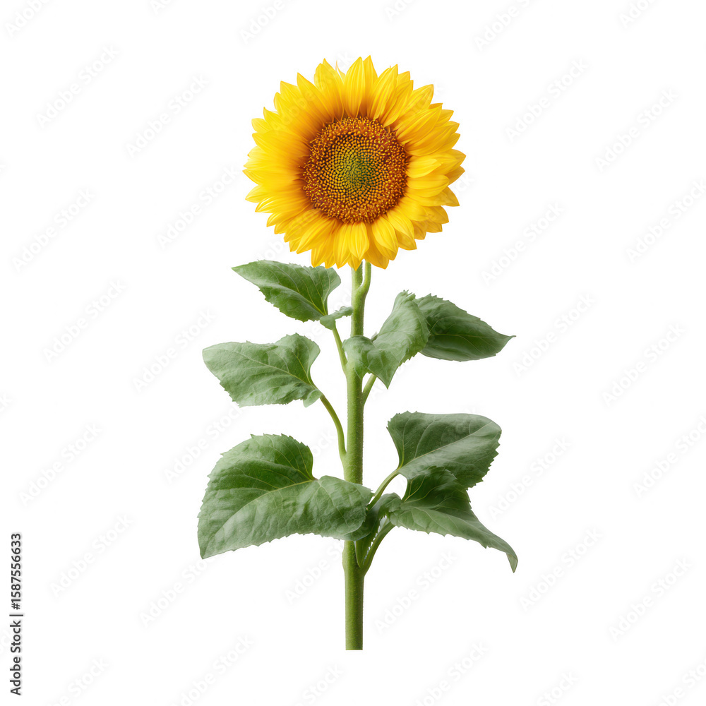 Obraz premium A vibrant sunflower standing tall with bright yellow petals and green leaves, isolated against a white background, capturing the essence of summer and nature's beauty.