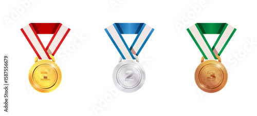 Medal Triumvirate: A vibrant set of gold, silver, and bronze medals, each displaying a sense of honor and achievement, their colorful ribbons symbolizing victory and distinction.