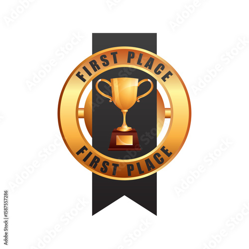 Golden First Place Award: A gleaming golden trophy is placed at the center of a round emblem, surrounded by the words First Place, symbolizing achievement and victory. 