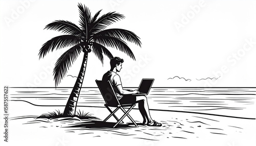 Illustration of a man sitting on a beach chair under a palm tree, working on a laptop.