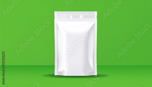 Blank white stand-up pouch against a green background, ready for branding and product packaging design.