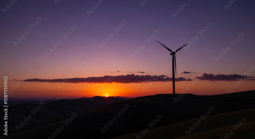 Obraz premium Silhouette of a Wind Turbine Against a Sunset Sky Generating Power.