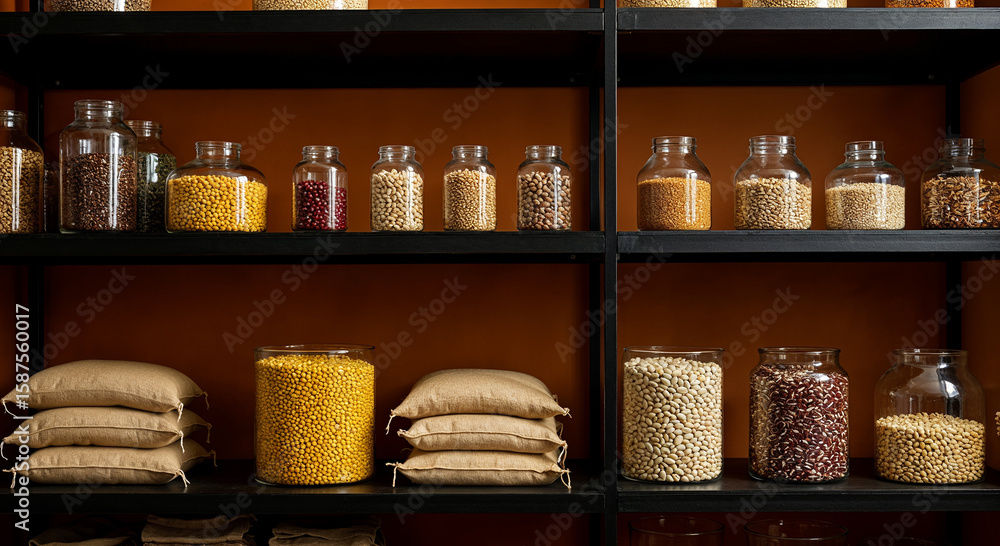 Fototapeta premium Storage shelves with transparent containers and plastic bags filled with assorted grains and legumes