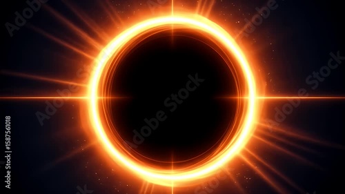 A stylized solar eclipse with a bright orange corona against a dark background
