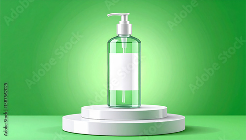 Transparent hand sanitizer bottle with pump dispenser on a white pedestal against a green backdrop.