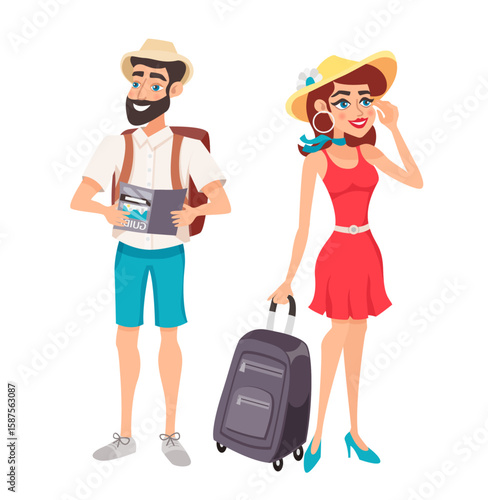 Dreamy Journey Begins: A stylish couple embarks on a sun-kissed adventure, brimming with excitement. They're prepared for an unforgettable journey, their eyes reflecting the allure of new horizons.