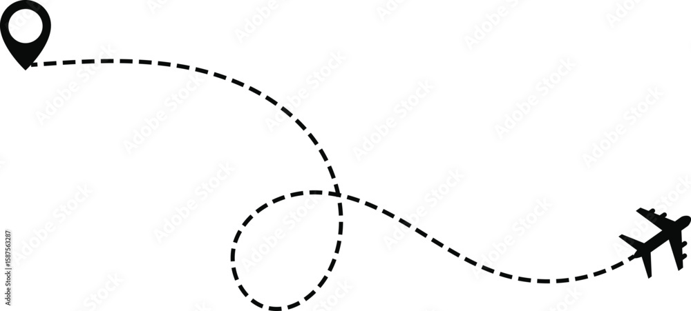 Airplane line path icon set. air plane route dash line route with location pin. plane symbols. map pin icons
