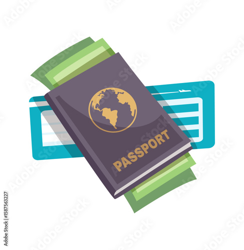 Travel essentials: Passport, ticket, and currency - A simple yet elegant illustration of a passport, airline ticket, and currency, symbolizing the essential elements of travel and exploration.