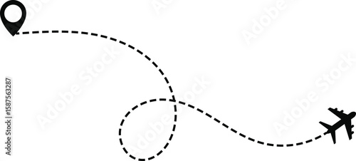 Airplane line path icon set. air plane route dash line route with location pin. plane symbols. map pin icons
