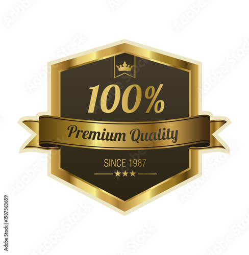 Premium Quality Emblem: A golden emblem showcases a symbol of excellence, with the assurance of premium quality, a subtle crown, a banner proclaiming 100% authenticity and quality since 1987.