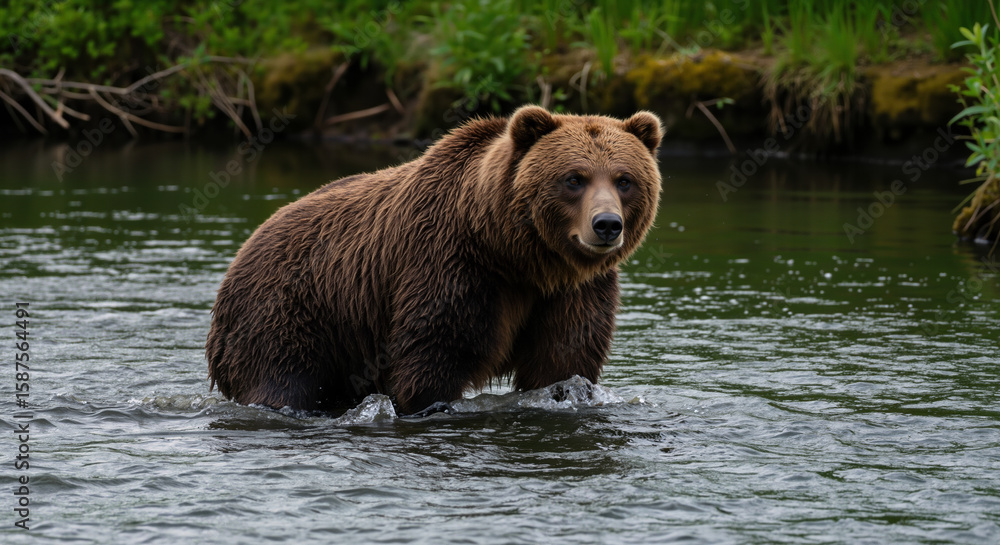 Brown bear standing in river water with forest background. Wild predator and large mammal for wildlife conservation and nature documentary services Brown bear standing in river water with forest background. Wild predator and large mammal for wildlife conservation and nature documentary services