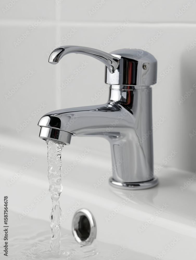 A white bathroom sink and water flowing from faucet A white bathroom sink and water flowing from faucet