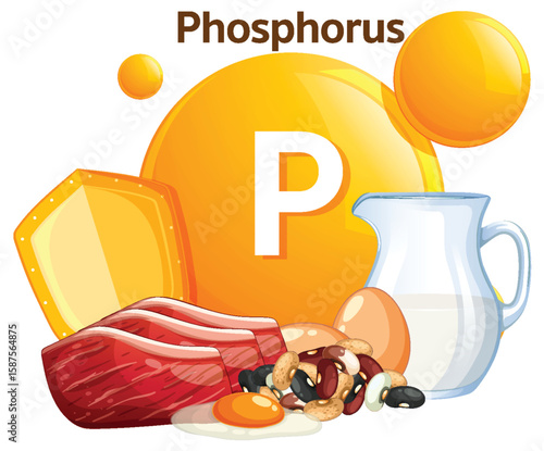 Phosphorus Rich Foods Vector Illustration with Dairy and Meat