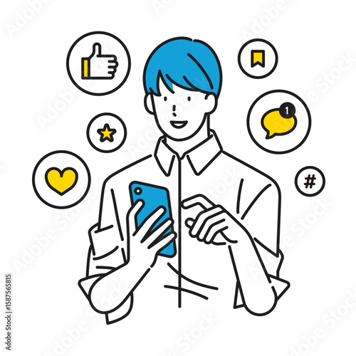 イラスト素材：スマホを見ながら、SNSから届く絵文字リアクションに反応している男性