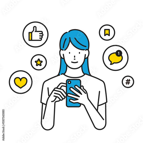 イラスト素材：スマホを見ながら、SNSから届く絵文字リアクションに反応している女性