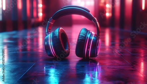 Neon lit headphones on reflective floor with vibrant glowing background

