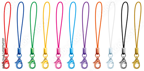 カニカン付き携帯松葉ストラップのカラフルな金具のベクター素材イラストカラーバリエーションセット(Vector Set of Cell Phone Straps with Colorful Lobster Clasps – Color Variations)