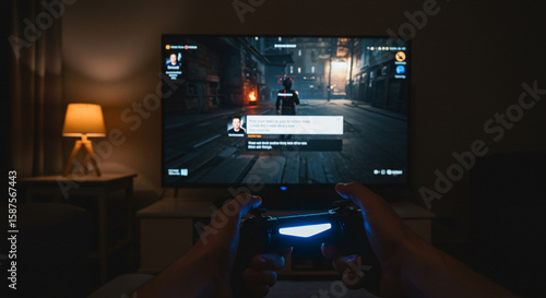 a person is playing a video game on a large television screen in a dimly lit room. the player is holding a game controller and focused on the action in the game. the scene shows leisure and entertainm