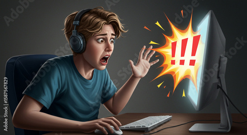 A gamer is shocked and frustrated by an error message on his computer screen. He is wearing headphones and using a mouse and keyboard. The scene depicts the frustration of online gaming.