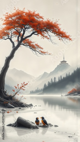 Autumn Landscape with Mountain Temple and Cherry Blossom Tree