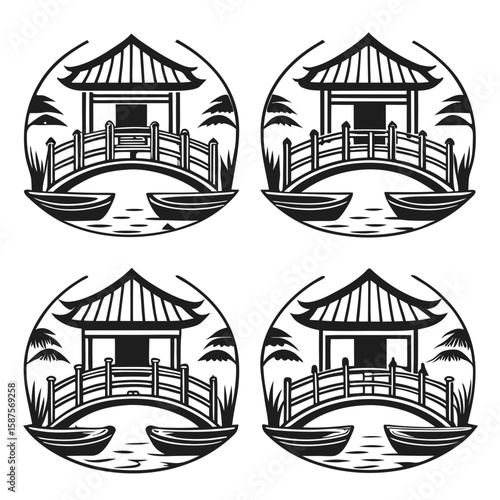 Black and white vector bundle depicting a traditional asian pavilion and bridge boats water
