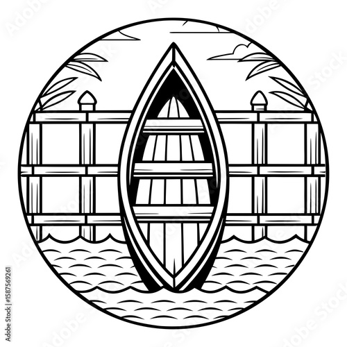 Boat docked at pier with palm trees and water waves