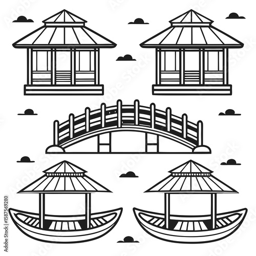 Black and white vector bundle depicting asian pavilions bridge and boats