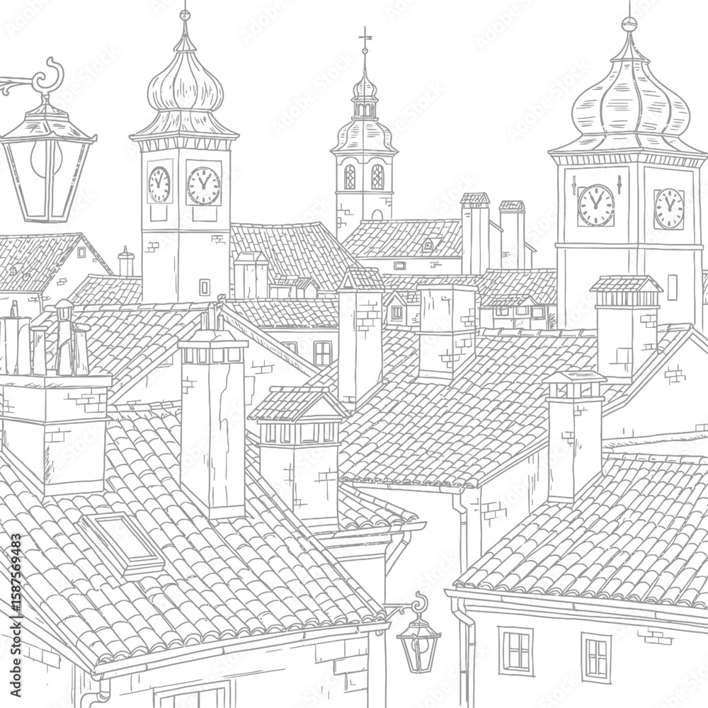Obraz premium Rooftop View of European Town with Towers and Chimneys