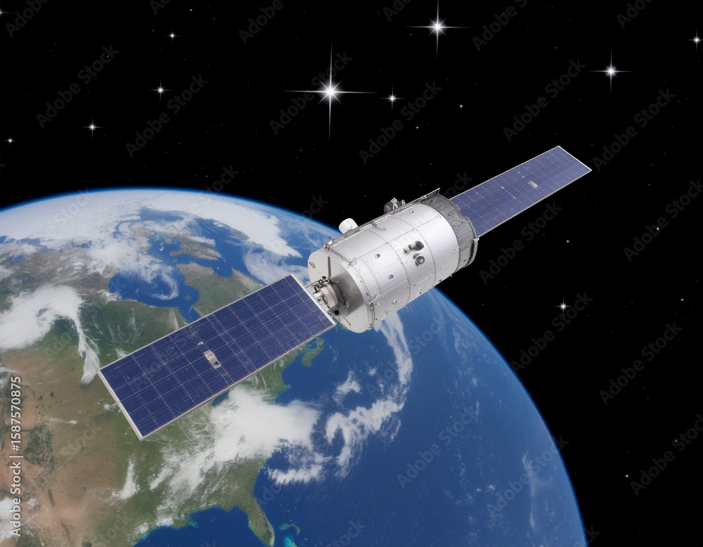 Fototapeta premium Satellite orbiting Earth with solar panels deployed showcasing space exploration and technology with stars in the background highlighting scientific advancement and global communication