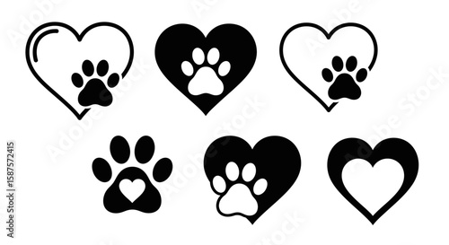 Paw Prints of Love: A collection of charming heart-shaped icons featuring paw prints, symbolizing the bond between humans and their animal companions. Each image showcases unique design