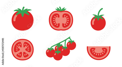 Tomato Variety: An appetizing visual array of tomatoes, presented whole, sliced, and in a cluster, highlighting their vibrant colors and textures, which signifies healthy eating.