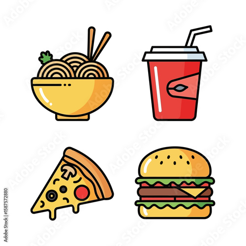 Culinary Selection: This illustration features a mouthwatering array of culinary delights, including a bowl of noodles, a refreshing beverage, a slice of pizza, and a juicy burger. 