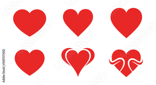 Set of Red Heart Icons: A collection of six vibrant red heart icons, each representing a unique design, perfect for conveying love, affection, and emotions.