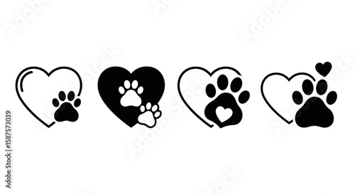 Pet Paw Prints with Heart Symbols: A set of lovely heart-shaped symbols, gracefully adorned with pet paw prints in a sleek, minimalist style. conveying tenderness and affection